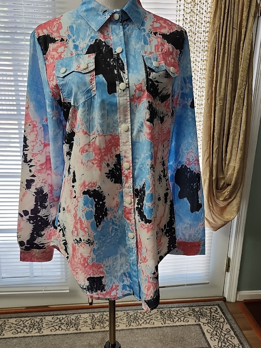 Abstract Watercolor Print Button-Up Shirt - Blue Pink Black